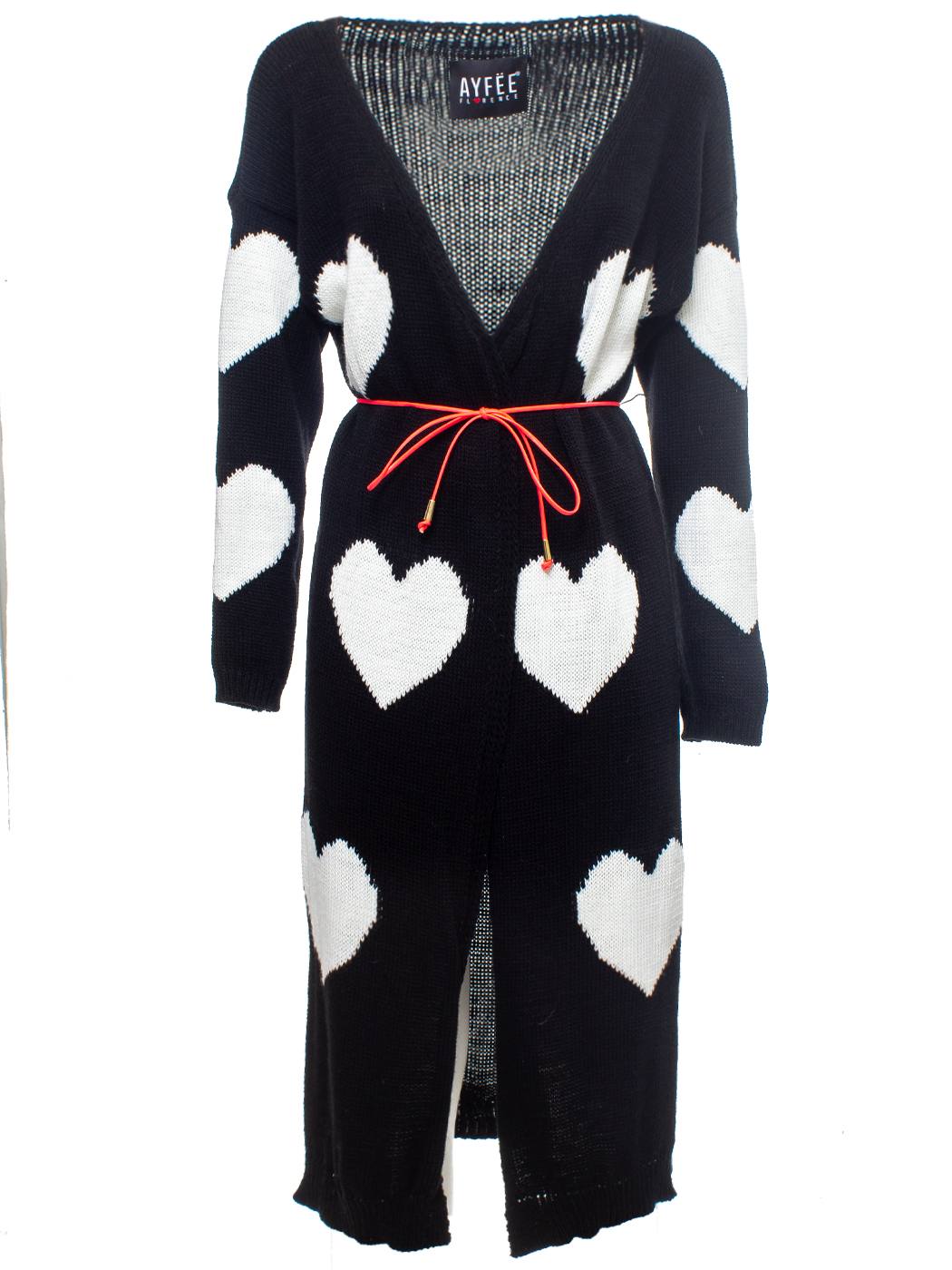 CARDIGAN LUNGO JACQUARD CUORI , T.U., 60%AC 20%VI 20%WO., MADE IN ITALY